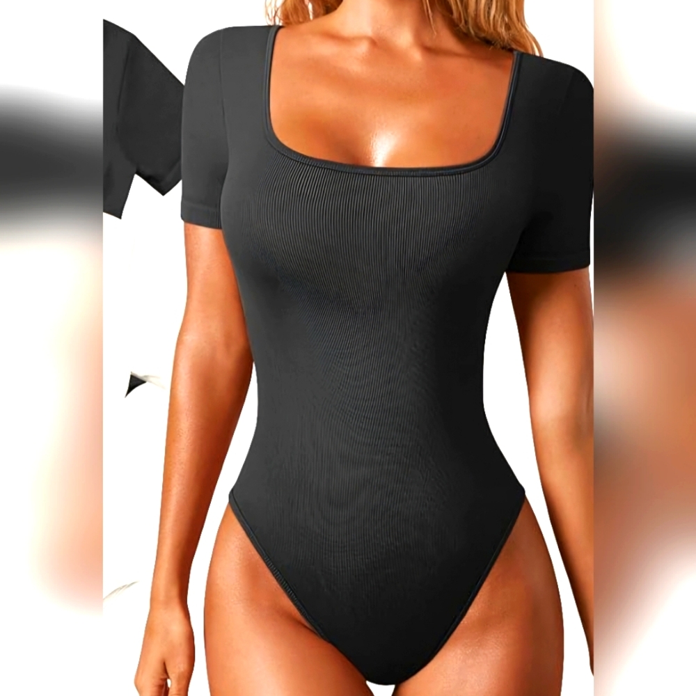 OQQ Women's Bodysuits Sexy Ribbed One Piece Square Neck Short Sleeve Bodysuit